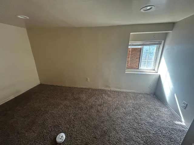 Recessed lighting fixtures, broadloom carpet, and a window opening