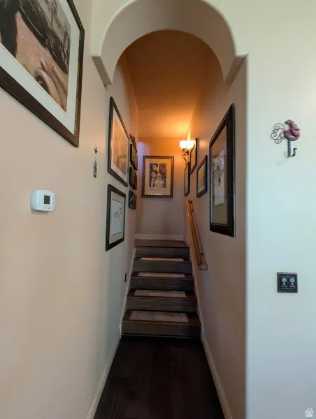 Archway entry leading to a stairway with wood-finish treads and a natural wood handrail