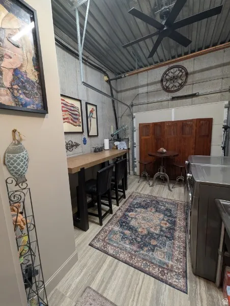 Laundry room, utility room with small rolling door for riding mower.