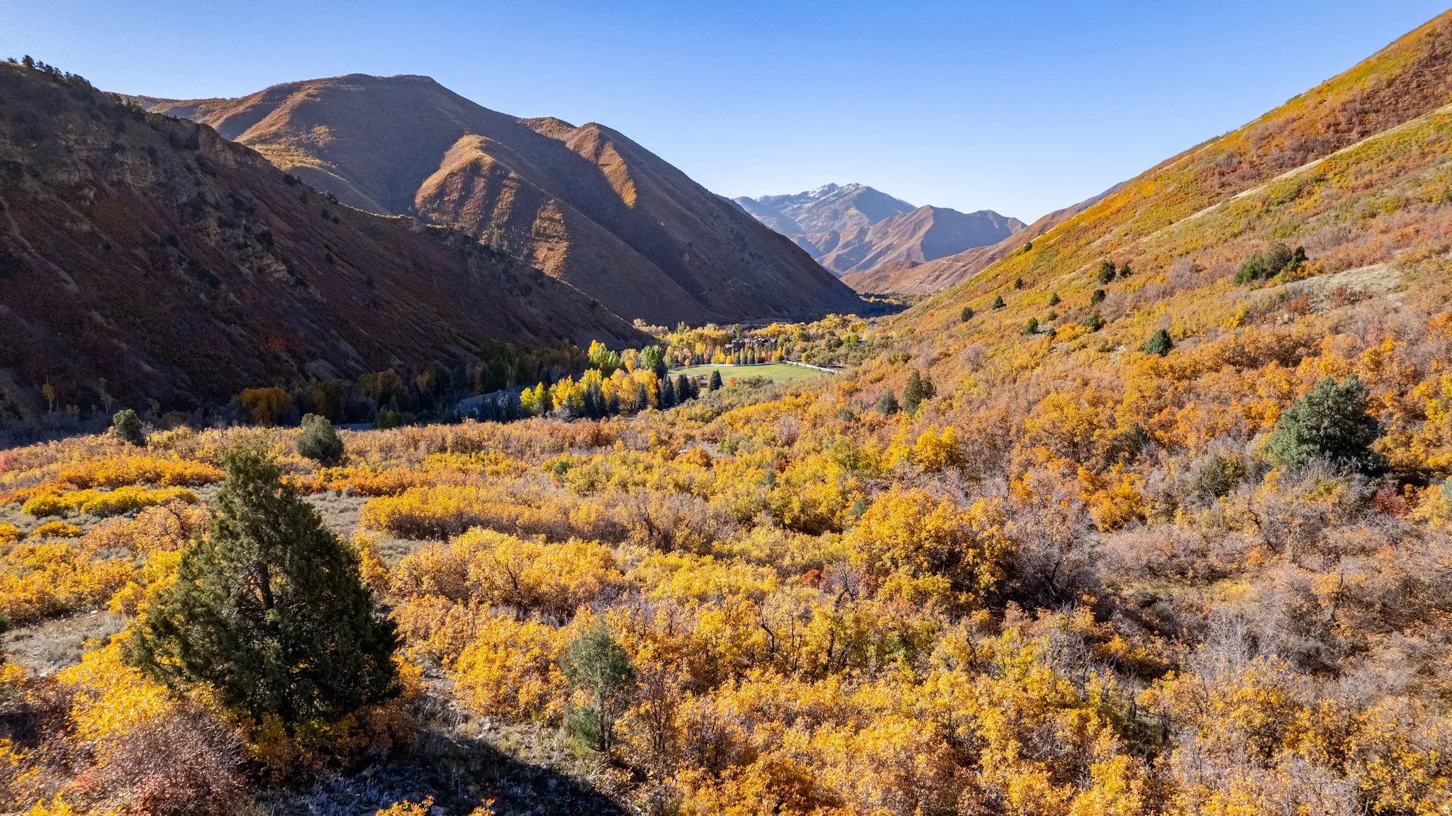 Expansive mountain landscape featuring varied terrain and seasonal foliage