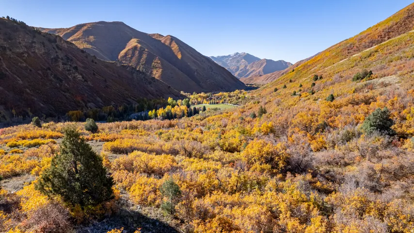 Expansive mountain landscape featuring varied terrain and seasonal foliage