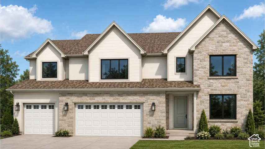 Stone and siding exterior with a two-car garage, covered entry, and black-framed windows