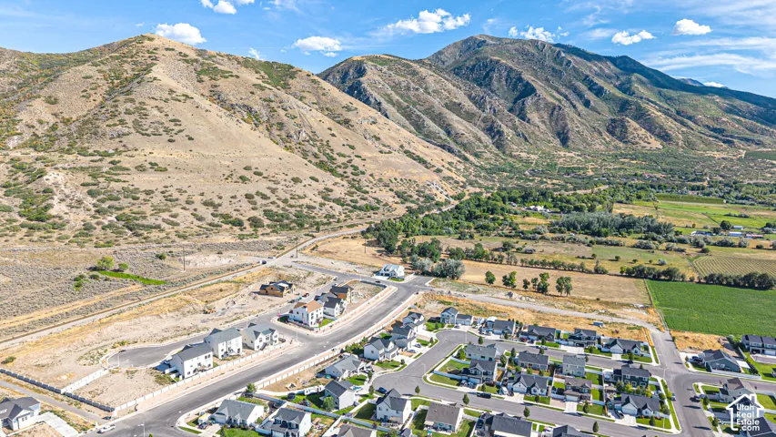 Mountain backdrop with established residential development and cultivated fields