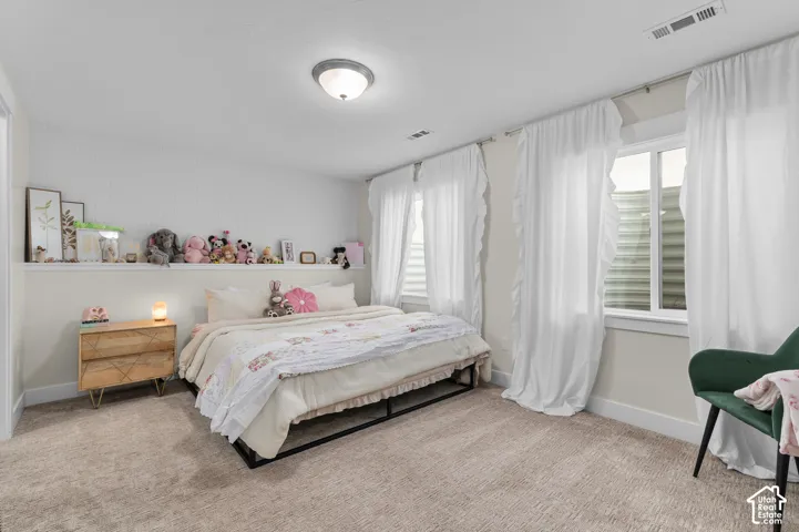 Recessed wall shelving, overhead flush mount lighting, two windows with blinds, and neutral tone carpeting