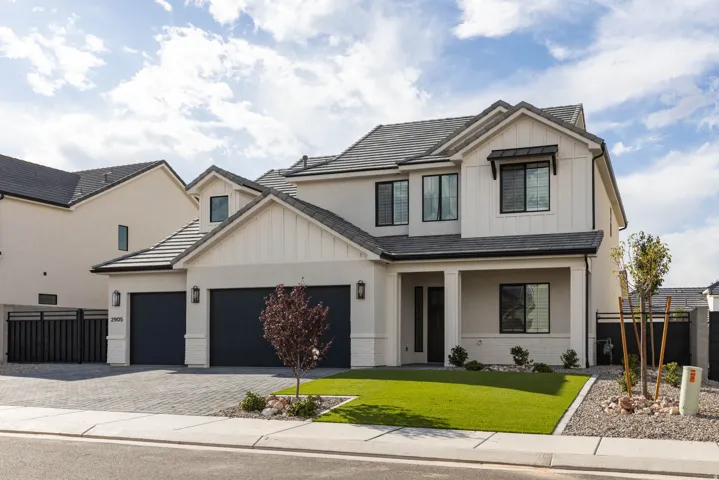 Contemporary two-story residence with a gray tile roof