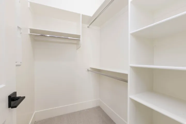 Walk-in closet featuring built-in shelving, chrome hanging rods, and light-colored carpeting