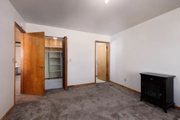 Wall-to-wall carpeting with wooden trim, built-in closet shelving, and a wooden door