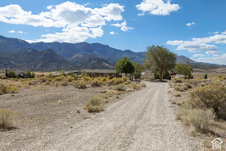Gravel driveway with surrounding natural brush and distant mountain backdrop