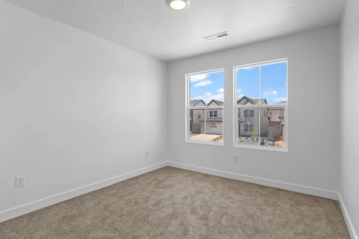Dual window openings, carpeted flooring, and a flush-mount ceiling light fixture