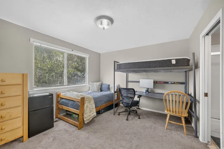 Wall-to-wall carpeting with light gray walls, a window featuring blinds, and an overhead light fixture