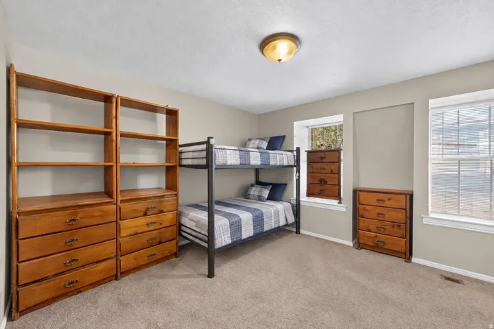 Neutral wall paint, carpet flooring, multiple windows, and a flush-mount ceiling light