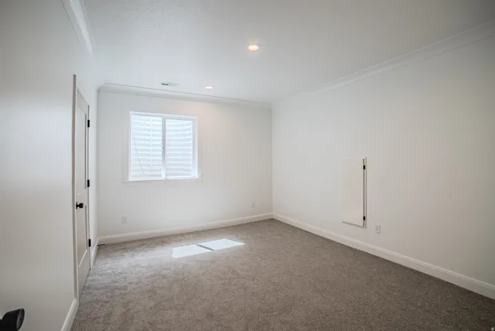 Plush carpet flooring, recessed ceiling lighting, crown molding, white trim, and a built-in access panel