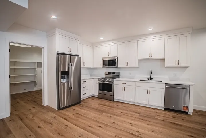 Modern kitchen featuring white cabinetry, stainless steel appliances, wood-finish flooring, and a walk-in pantry with built-in shelving