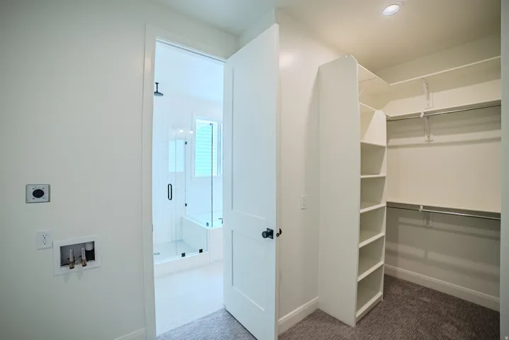 Walk-in closet with built-in shelving, carpet flooring, and clothing rods