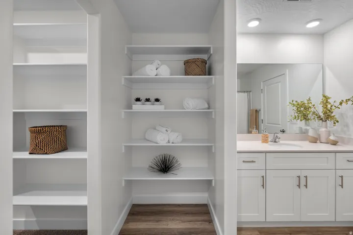 Integrated white shelving, wood-finish flooring, and a vanity with white cabinetry, a single basin, and a large mirror
