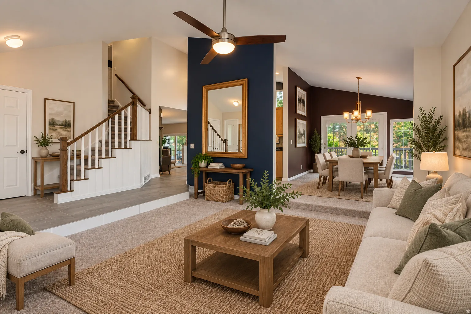 Vaulted ceilings with a ceiling fan, a split-level design featuring a staircase with wood-finish handrails, and a dining area with a chandelier and French doors