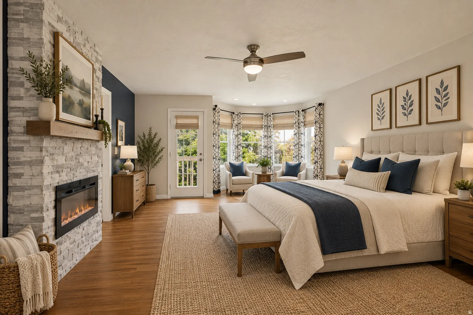 Hardwood-finish flooring, stone-clad fireplace with mantel, ceiling fan with integrated lighting, bay window, and a door offering exterior access