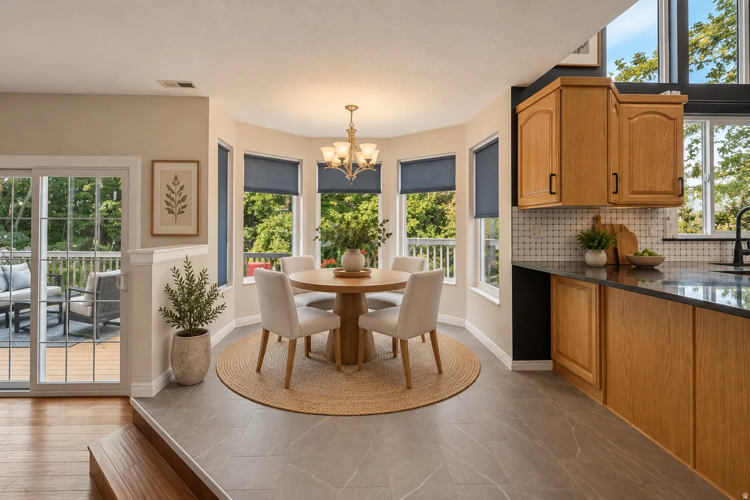 Bay window dining area with a chandelier