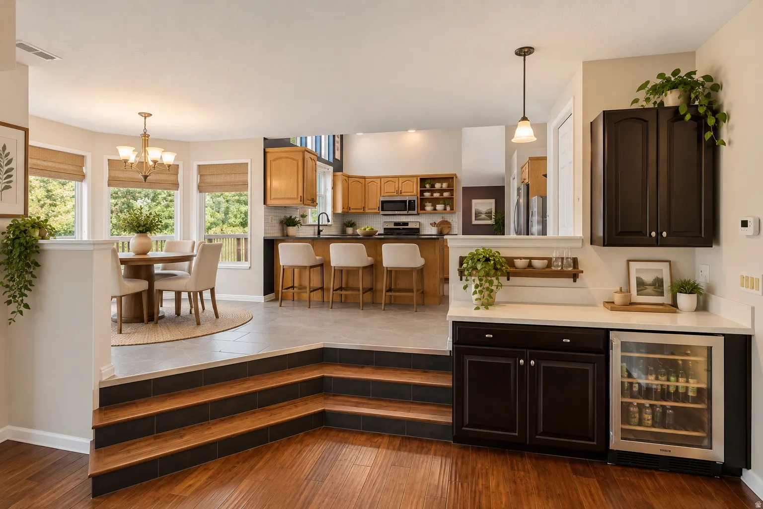 Wood-finish flooring leading to a multi-level open-concept space