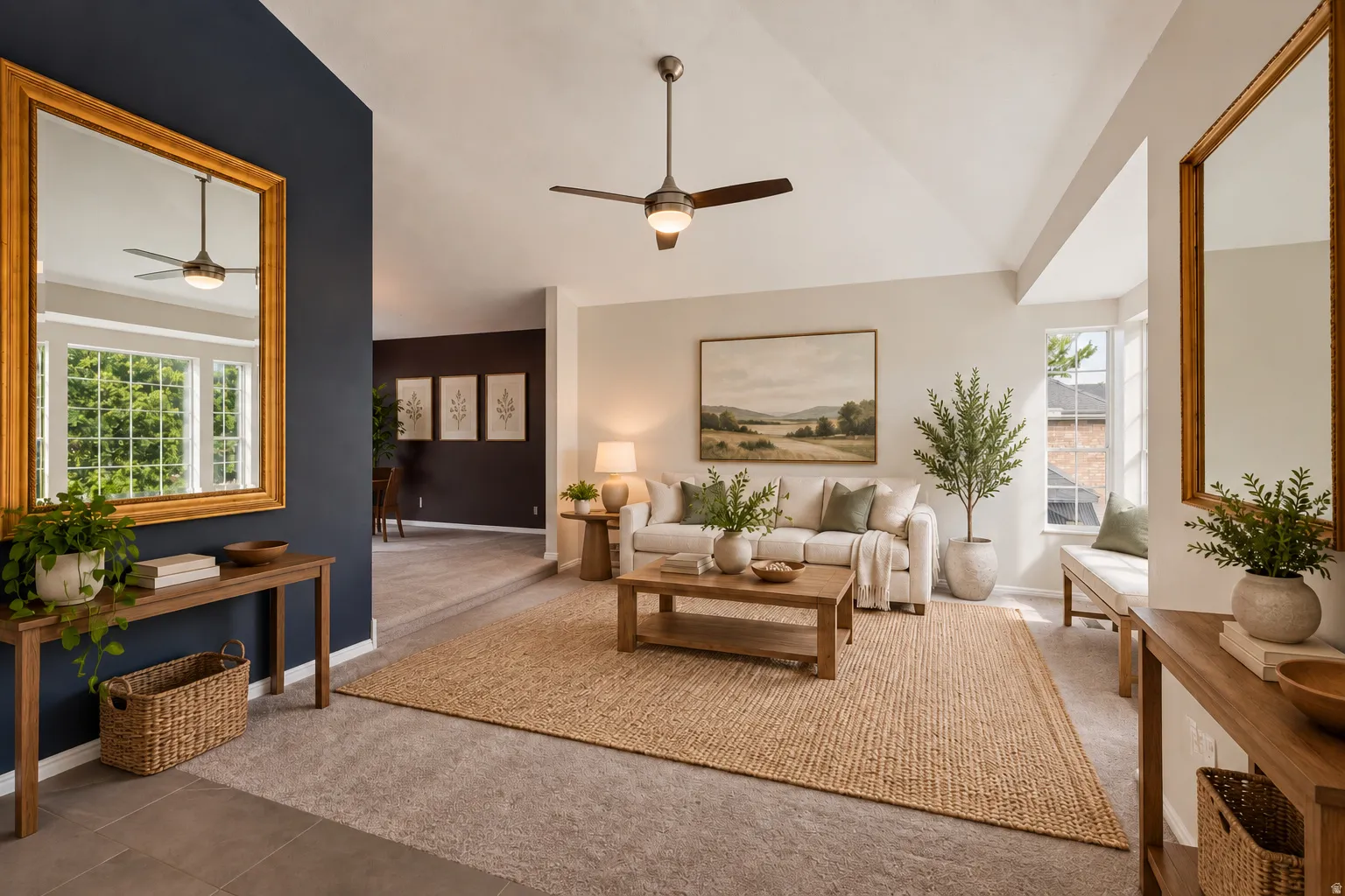 Vaulted ceiling with a ceiling fan, bay window, light wall tones, dark accent wall, and tiled flooring