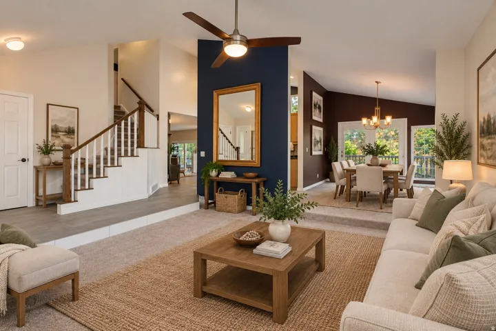 Vaulted ceilings with a ceiling fan, a split-level design featuring a staircase with wood-finish handrails, and a dining area with a chandelier and French doors