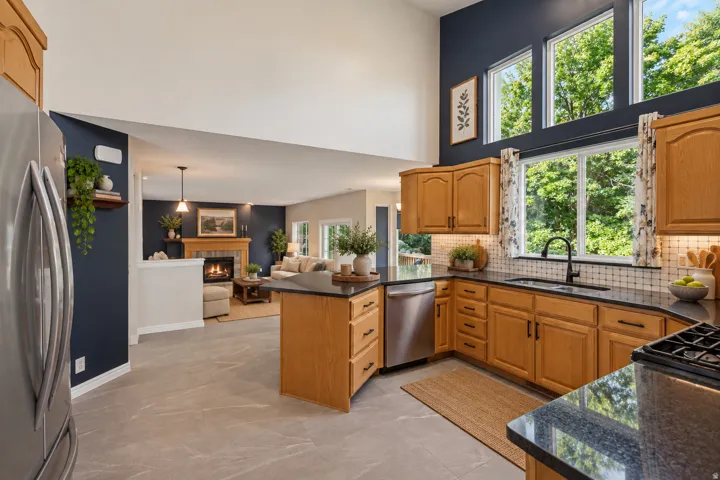 Kitchen featuring wood cabinetry, dark countertops, and stainless steel appliances