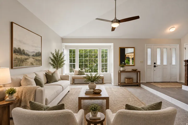 Vaulted ceilings, large bay window with window seating, contemporary ceiling fan, and double entry doors with decorative glass inserts