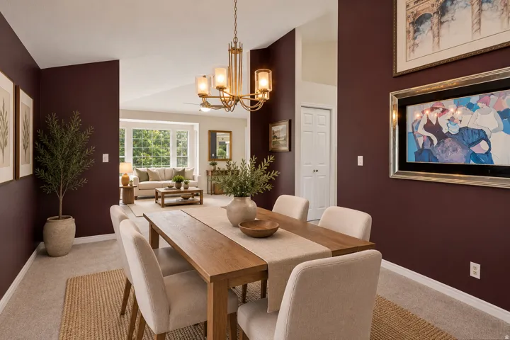 Formal dining space featuring a gold-toned chandelier, light wood-finish dining table, and direct sightline to the living area