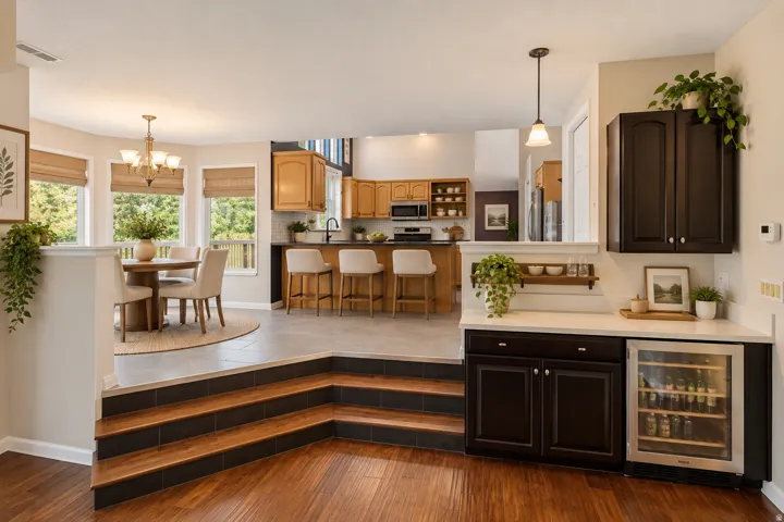 Wood-finish flooring leading to a multi-level open-concept space