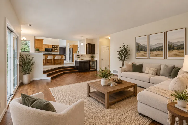 Wood-finish flooring throughout, a sliding glass door, a multi-level layout, and built-in cabinetry