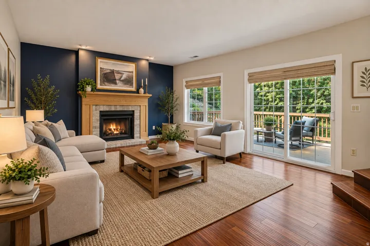 Hardwood flooring, a natural wood fireplace mantle with stone surround, recessed lighting, and a sliding glass door leading to an outdoor deck with a wooden railing