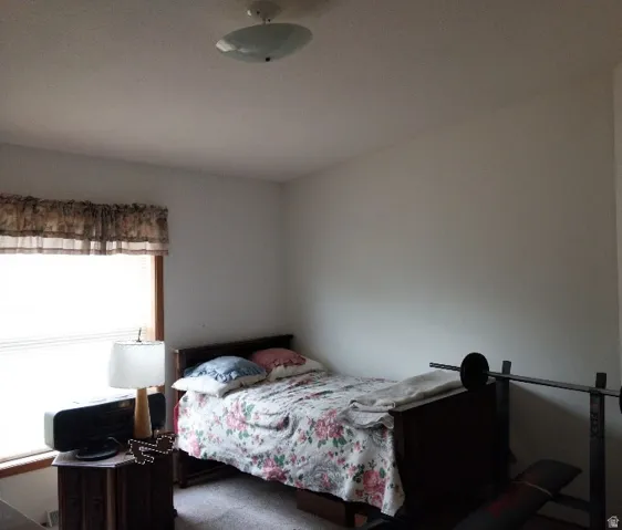 Room with neutral wall paint, carpet flooring, and a flush mount ceiling light