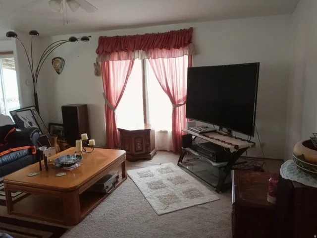 Carpeted flooring throughout the room