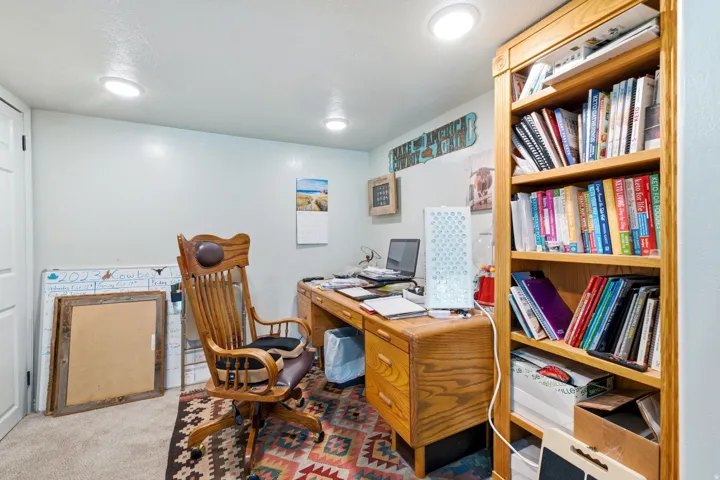 Recessed ceiling lighting, built-in wooden shelving, and a paneled door