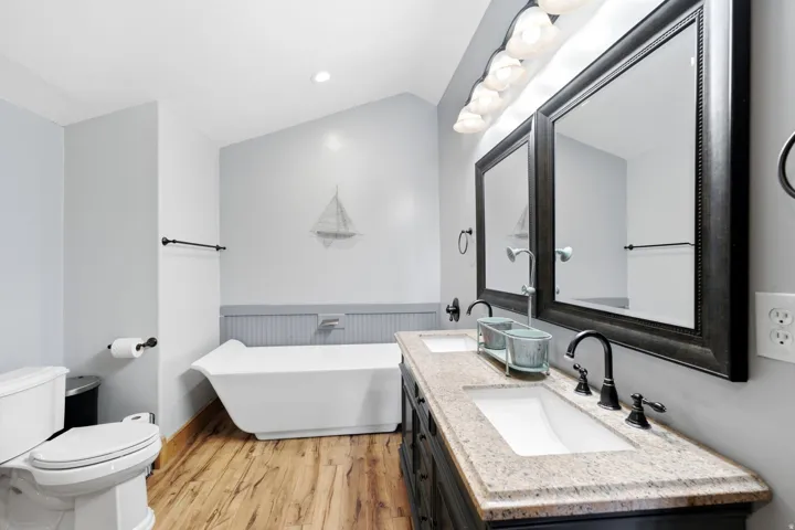 Dual sink vanity with stone countertop, freestanding bathtub, wood-finish flooring, and wainscoting