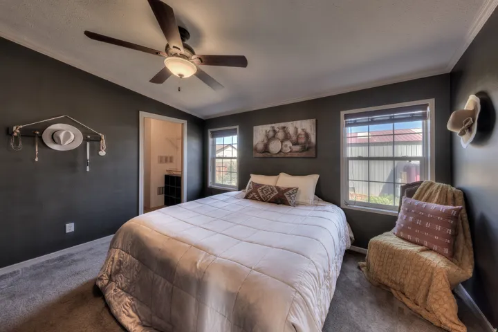 Carpeted bedroom featuring a ceiling fan with integrated lighting, two windows with blinds, and a doorway to a walk-in closet with built-in shelving