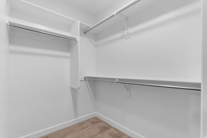 Walk-in closet with multiple hanging rods, built-in shelving, and carpet flooring