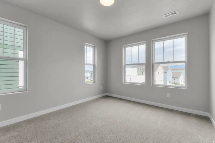 Neutral tone wall paint, light-colored carpet flooring, white trim, multiple windows, and a ceiling-mounted light fixture