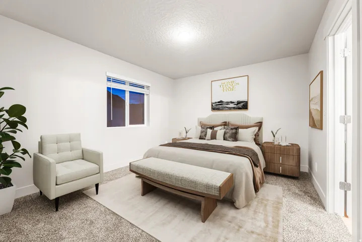 Recessed lighting illuminates the space, featuring a window with integrated blinds and plush carpeting throughout