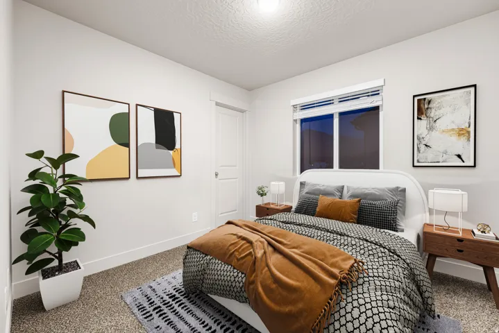 Plush carpeting, a large window with blinds, and white interior doors