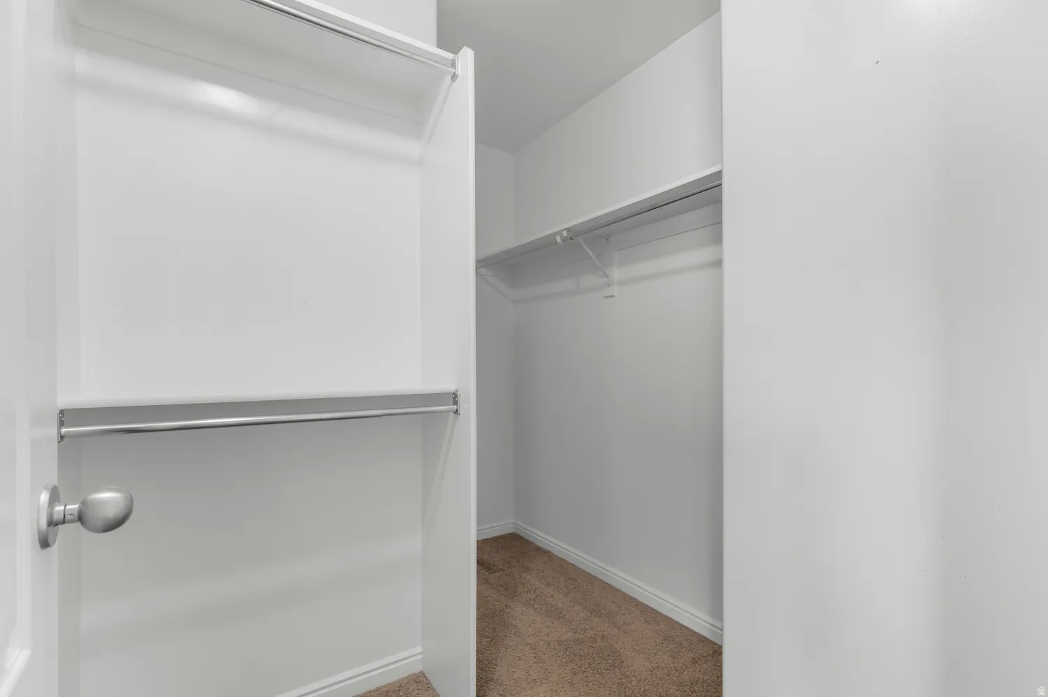 Master-Walk-in closet featuring carpet flooring, crisp white walls, and multiple clothing rods