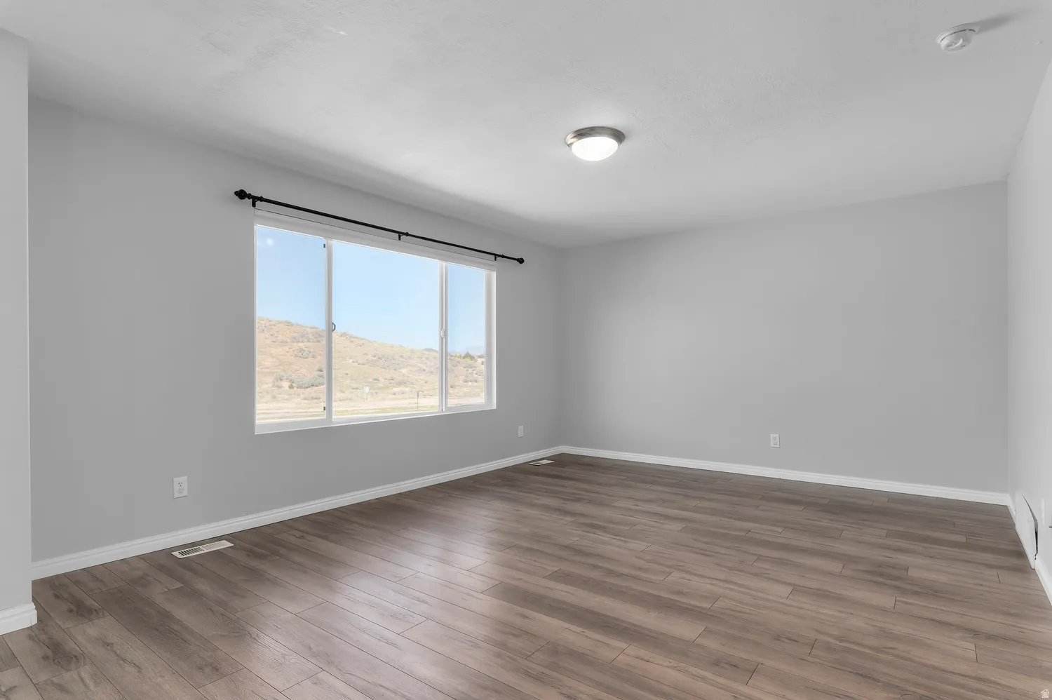 Spacious interior featuring wood-finish flooring, neutral wall tones, a large window, and a ceiling-mounted light fixture
