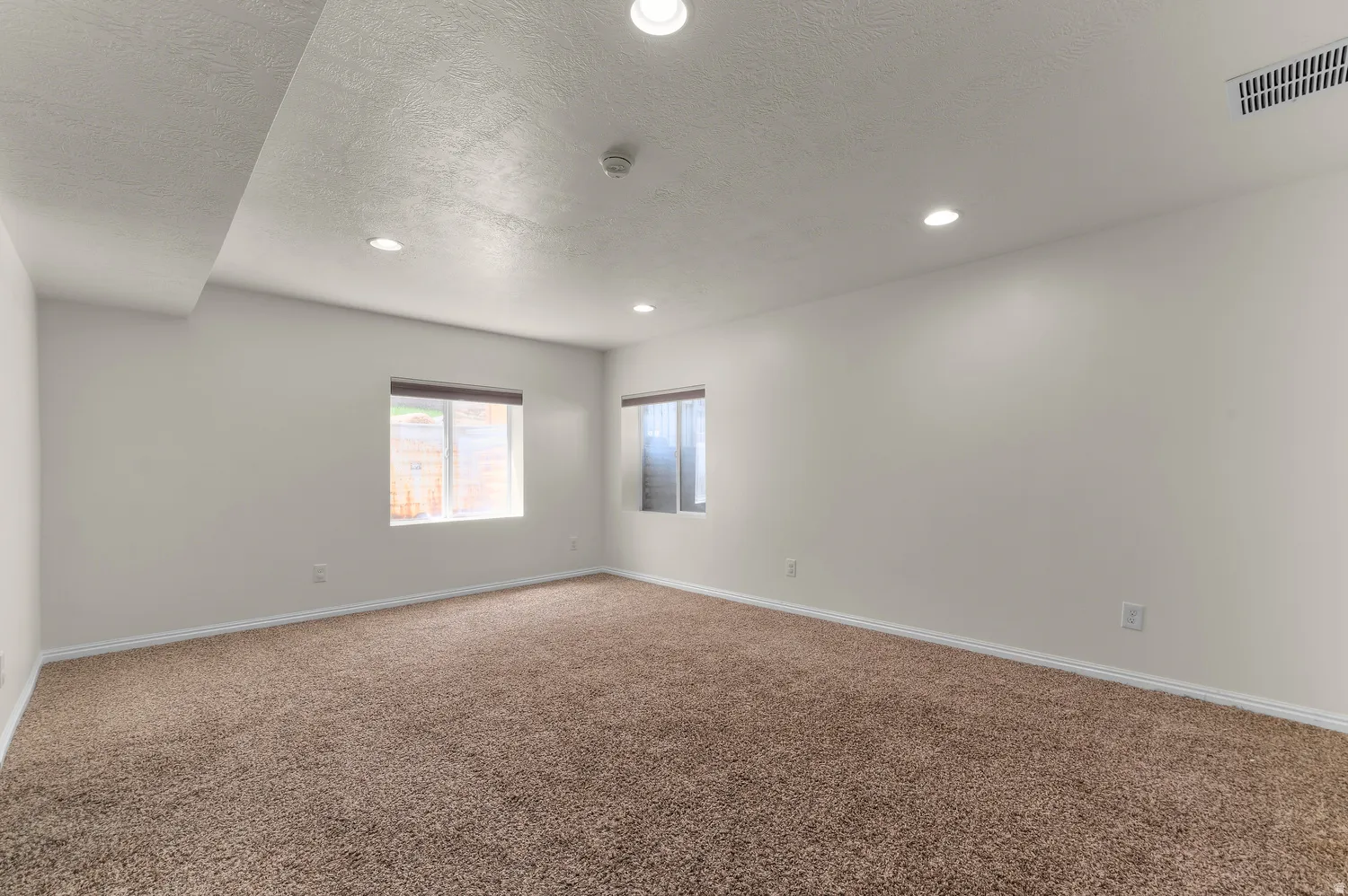 Recessed ceiling lighting, textured walls, window treatments, and durable carpeting
