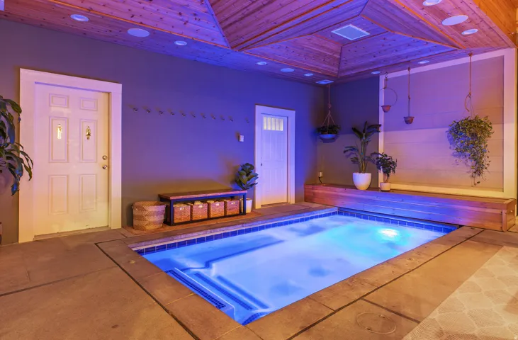 Indoor plunge pool with blue tile detailing, concrete surround, and a wood-paneled ceiling