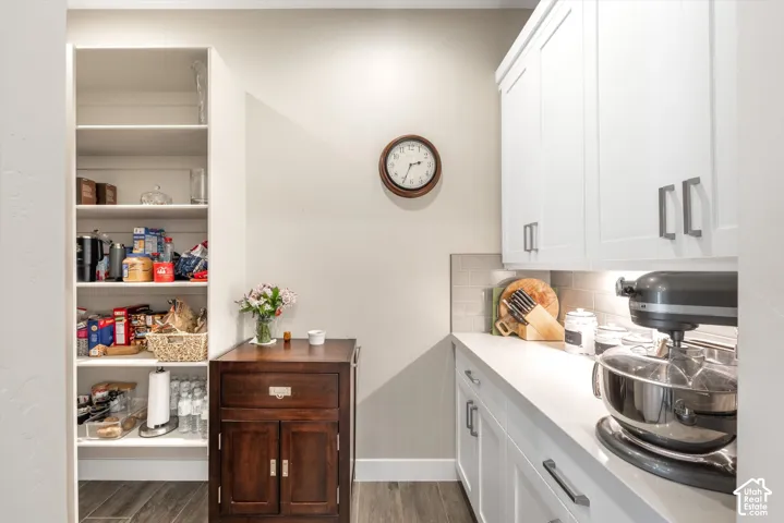 Integrated pantry shelving, white shaker-style cabinetry, light countertop, subway tile backsplash, and wood-finish flooring