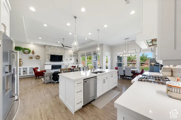Open-concept living space with wood-finish flooring, a white kitchen island with an undermount sink, stainless steel appliances, and a stone-accented fireplace