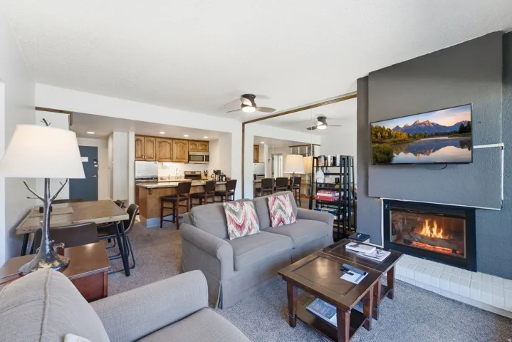 Living area featuring a floor-to-ceiling fireplace, an integrated hearth, and recessed lighting