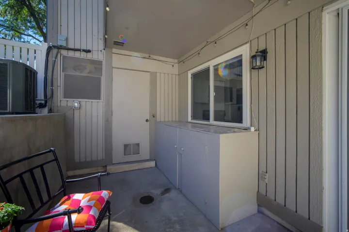 Concrete patio with board-and-batten siding