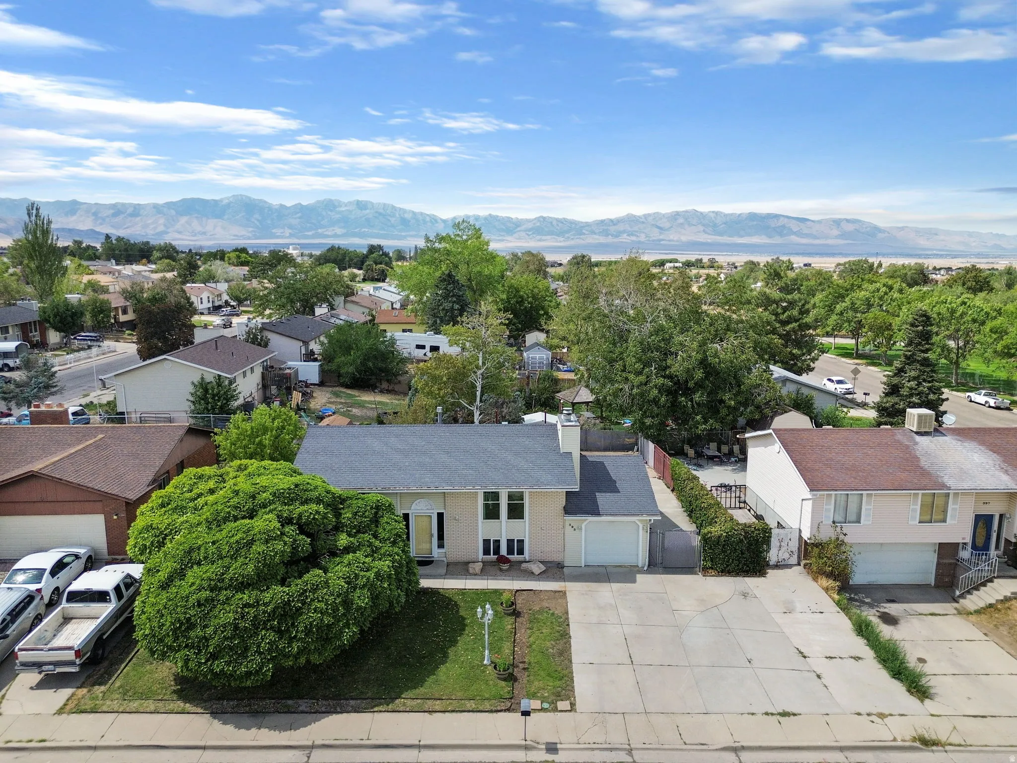Single-story residence with an attached garage, mature front yard landscaping, and a concrete driveway