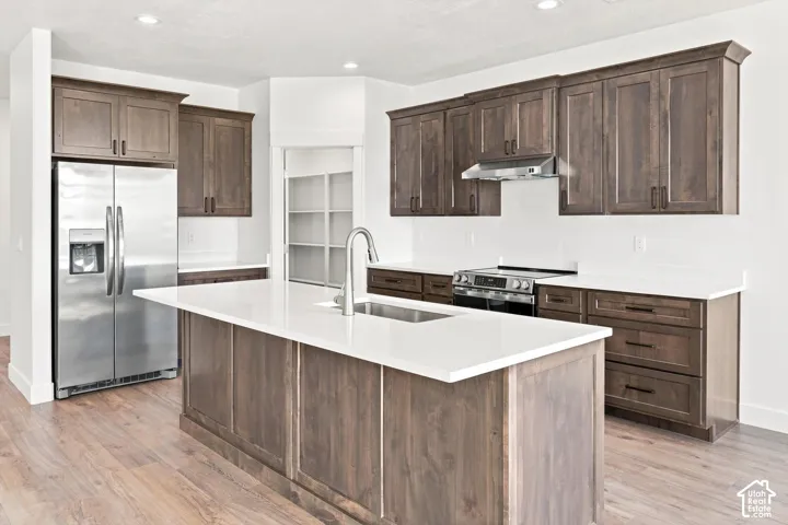 Kitchen featuring wood-finish flooring, dark wood cabinetry, white countertops, stainless steel appliances, and a central island with an undermount sink